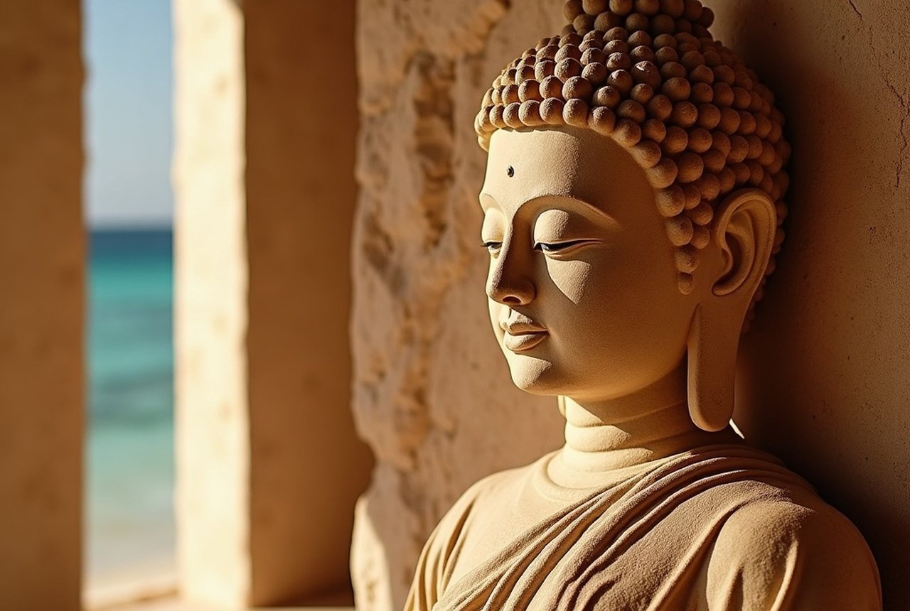 The carved coral-stone Buddha head or a wide interior museum shot
