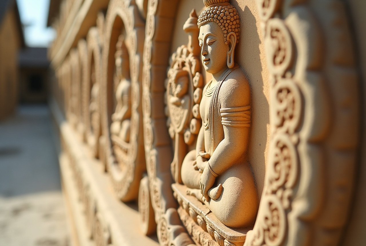 Close detail of carved coral-stone panel with Buddhist iconography, preferably from a museum collection