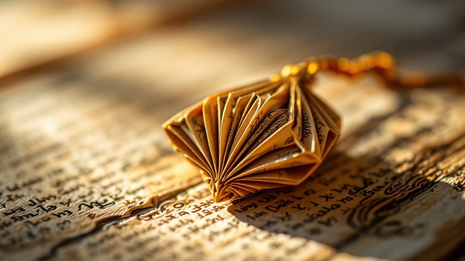 A close-up of a folded Quranic amulet or palm-leaf charm