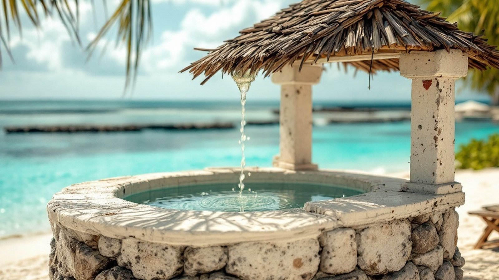 Close-up of an old coral-stone well on an inhabited island