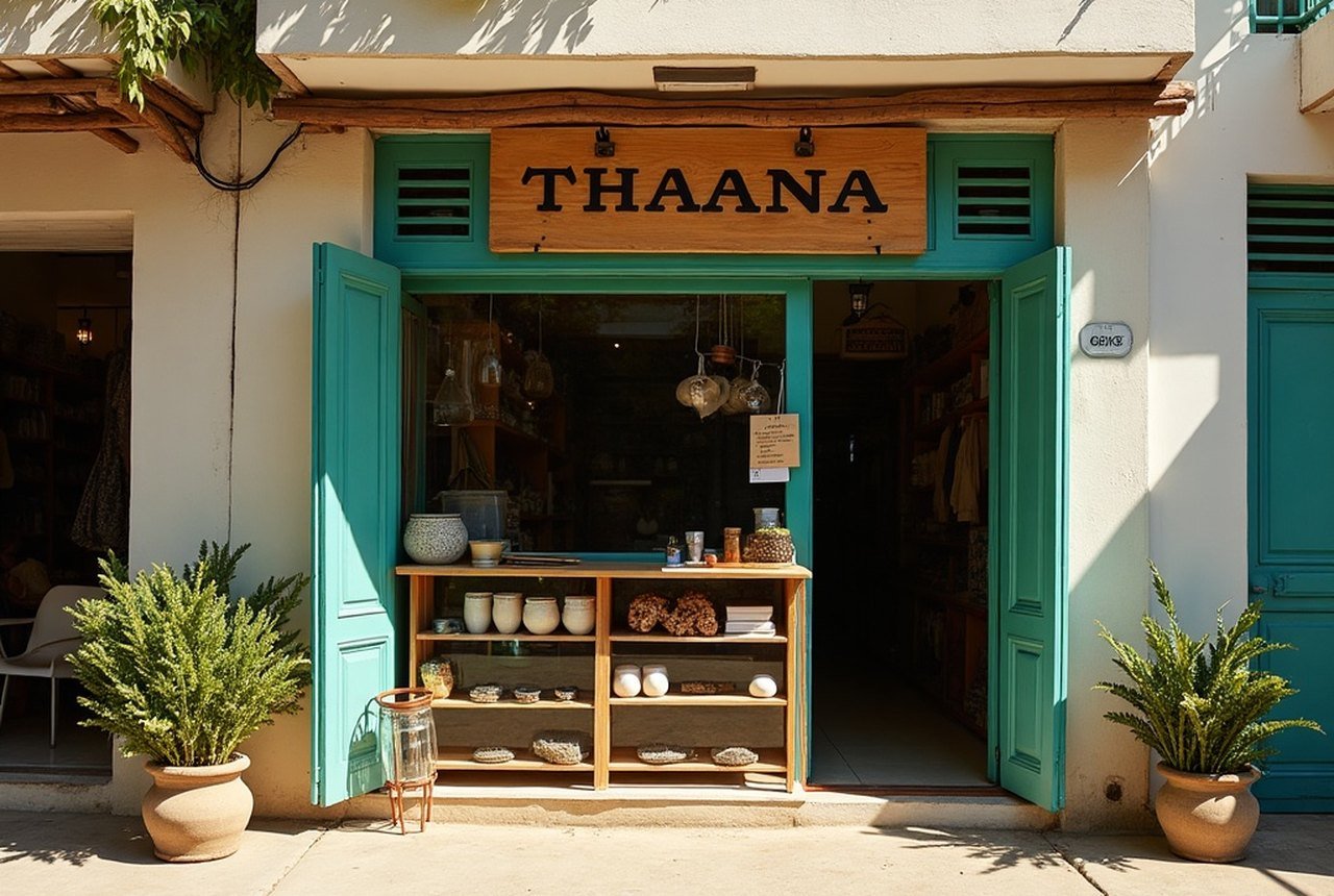 Street-level Malé shopfront showing Thaana signage