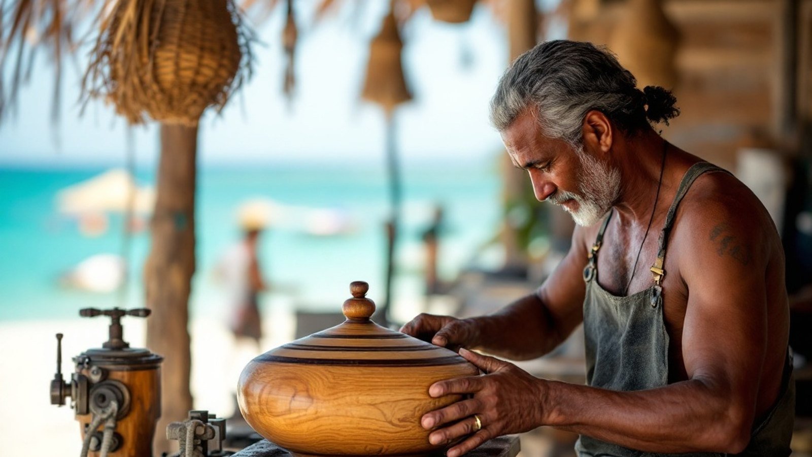 Artisan at a foot-powered lathe applying lacquer to a wooden vessel