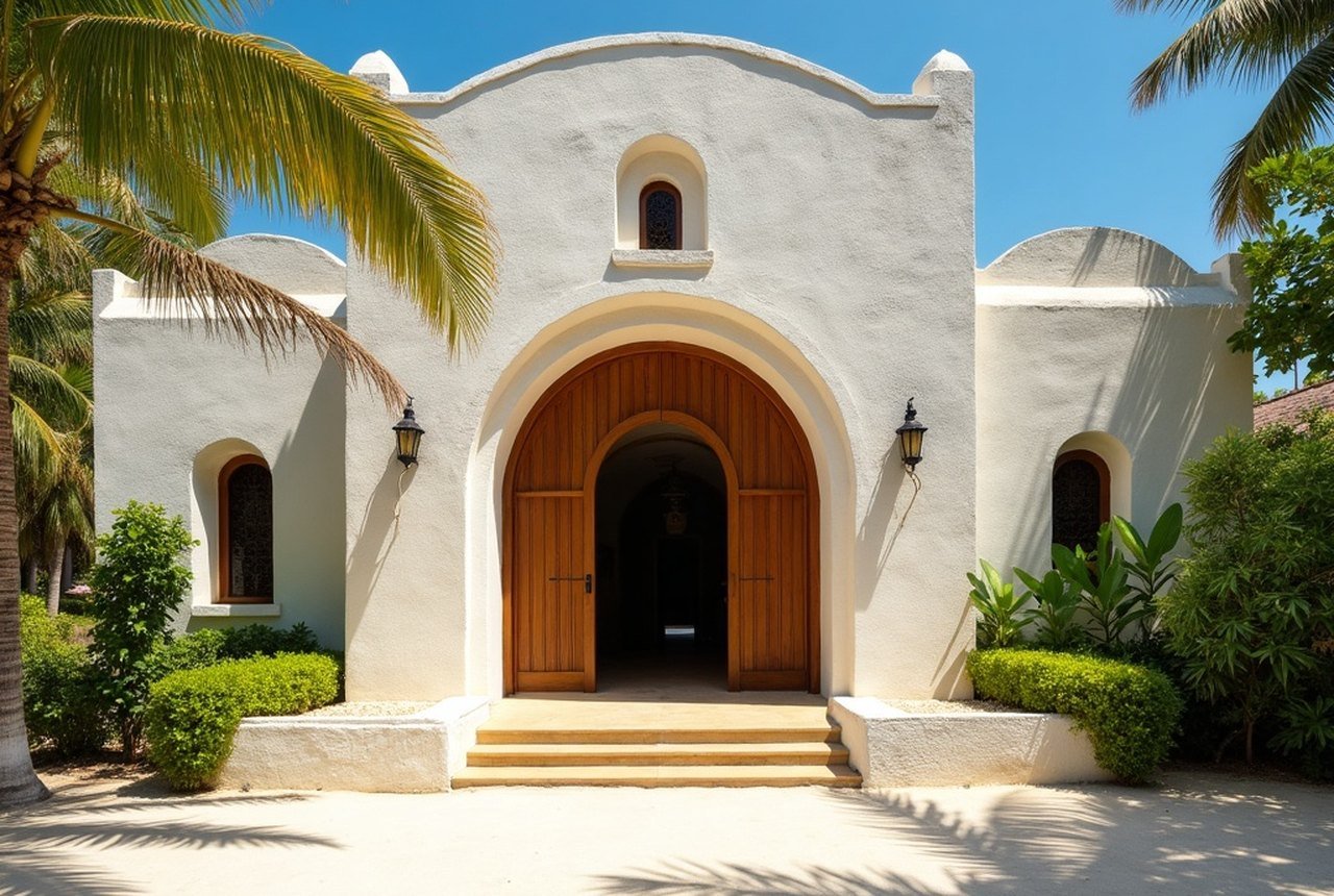 Wide shot of Hukuru Miskiy's exterior showing the full coral-stone façade and entrance