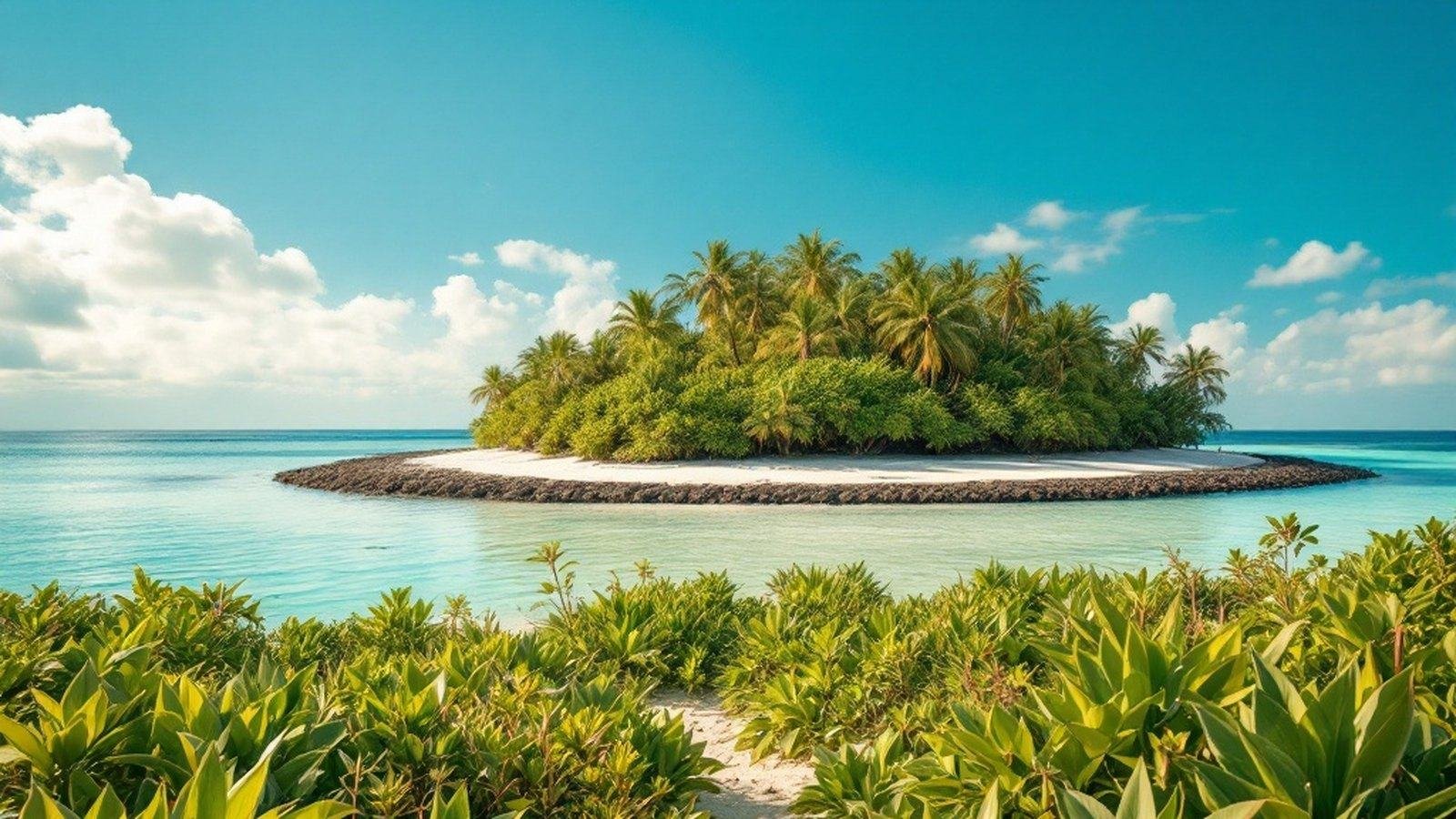 Wide shot of a havitta mound emerging from coastal vegetation on an inhabited island