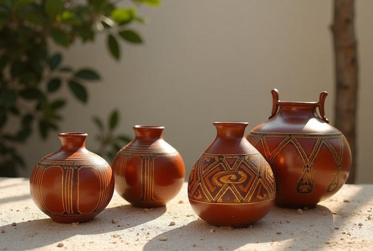 Finished laajehun objects (boxes, vases) showing geometric banding