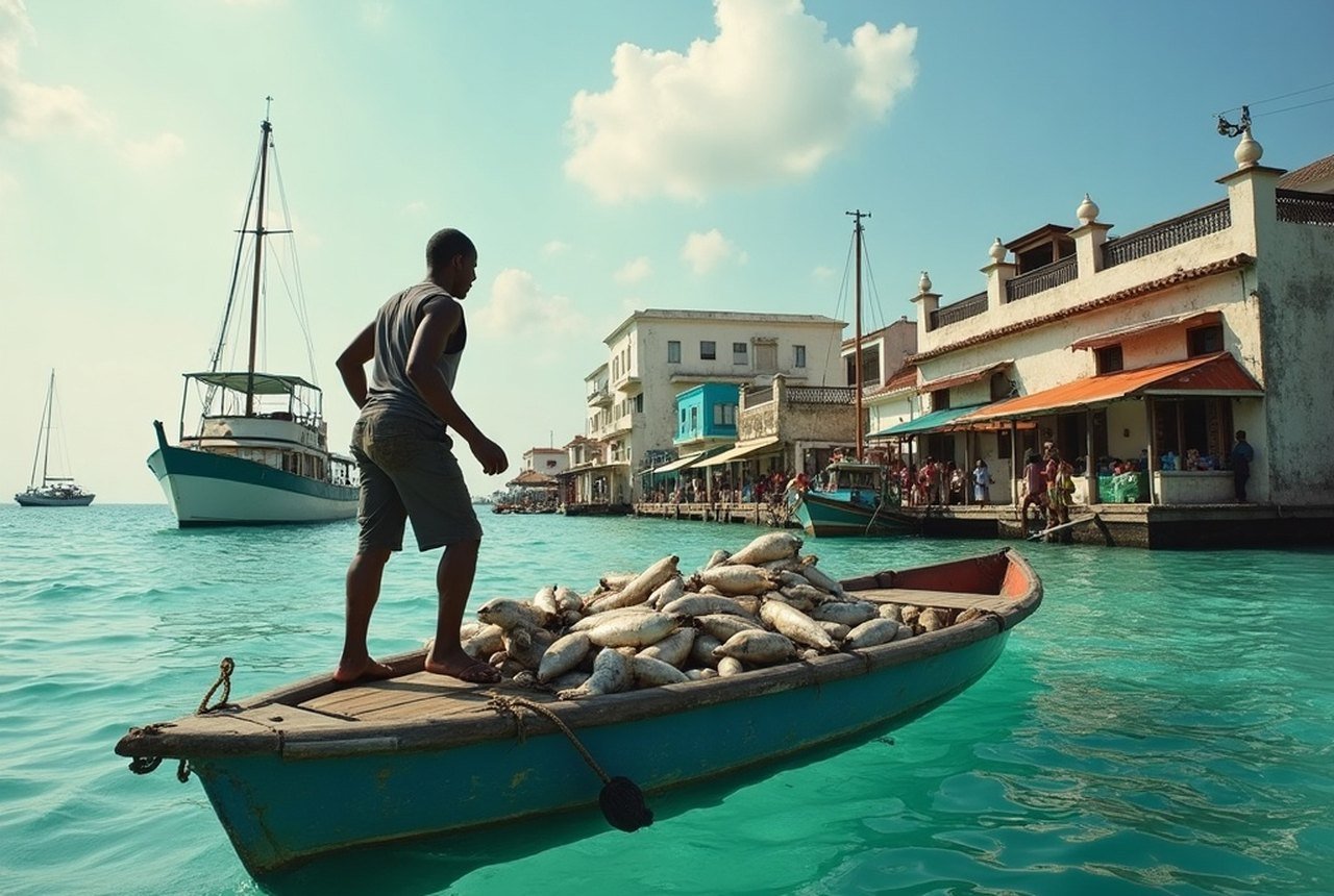 A dhoni returning to harbour with the day's skipjack catch