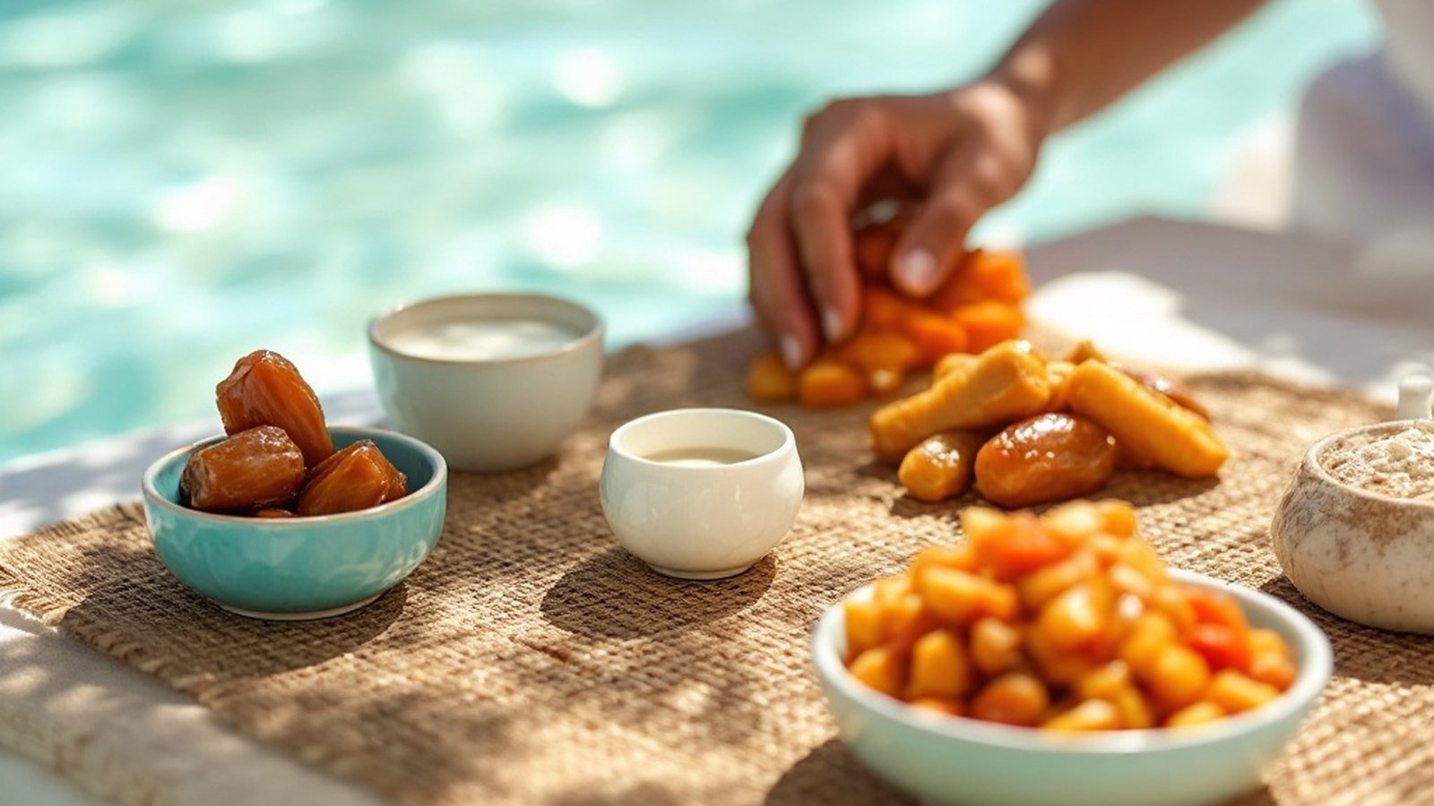 Close shot of an iftar spread: gulha, bajiya, dates and sarbat on a woven mat