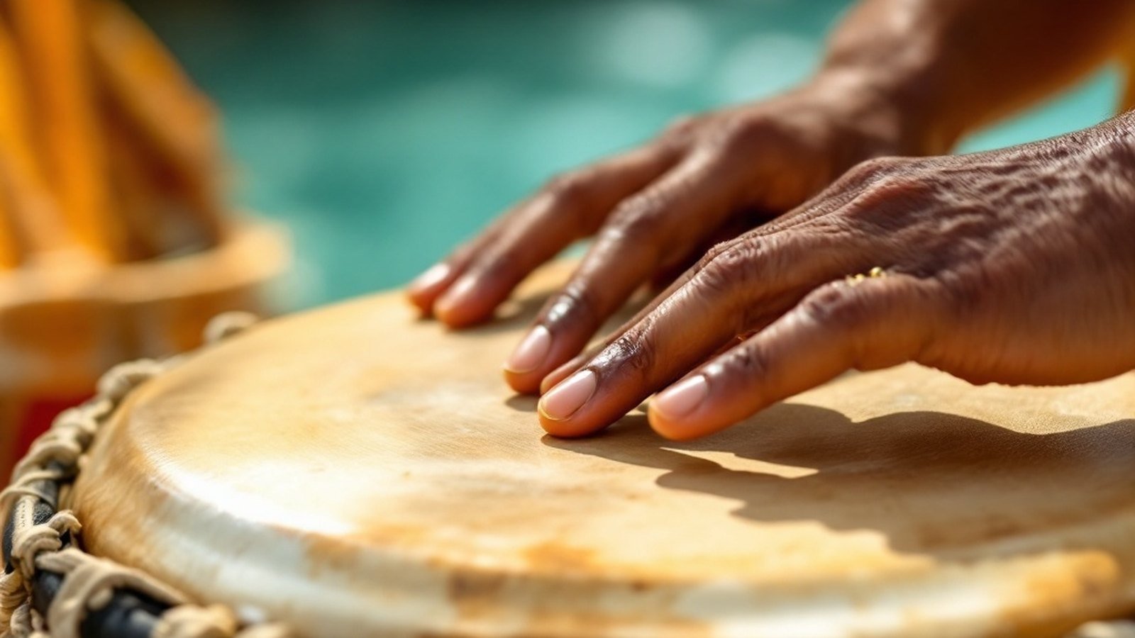 Close-up of hands on a bodu beru drum, motion blur on the beat