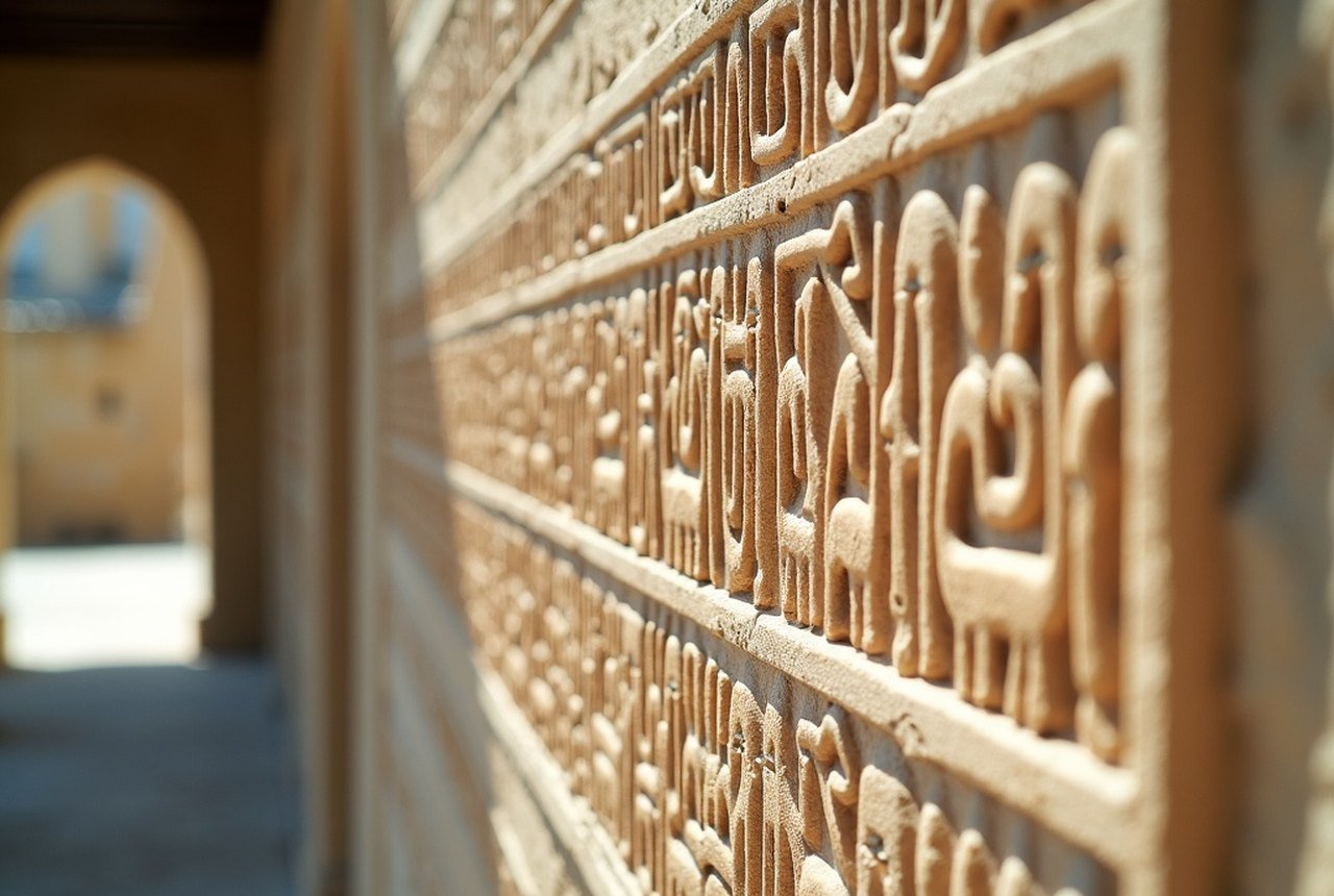 Close-up of Thaana inscriptions on a sultan's tomb in the Hukuru Miskiy graveyard