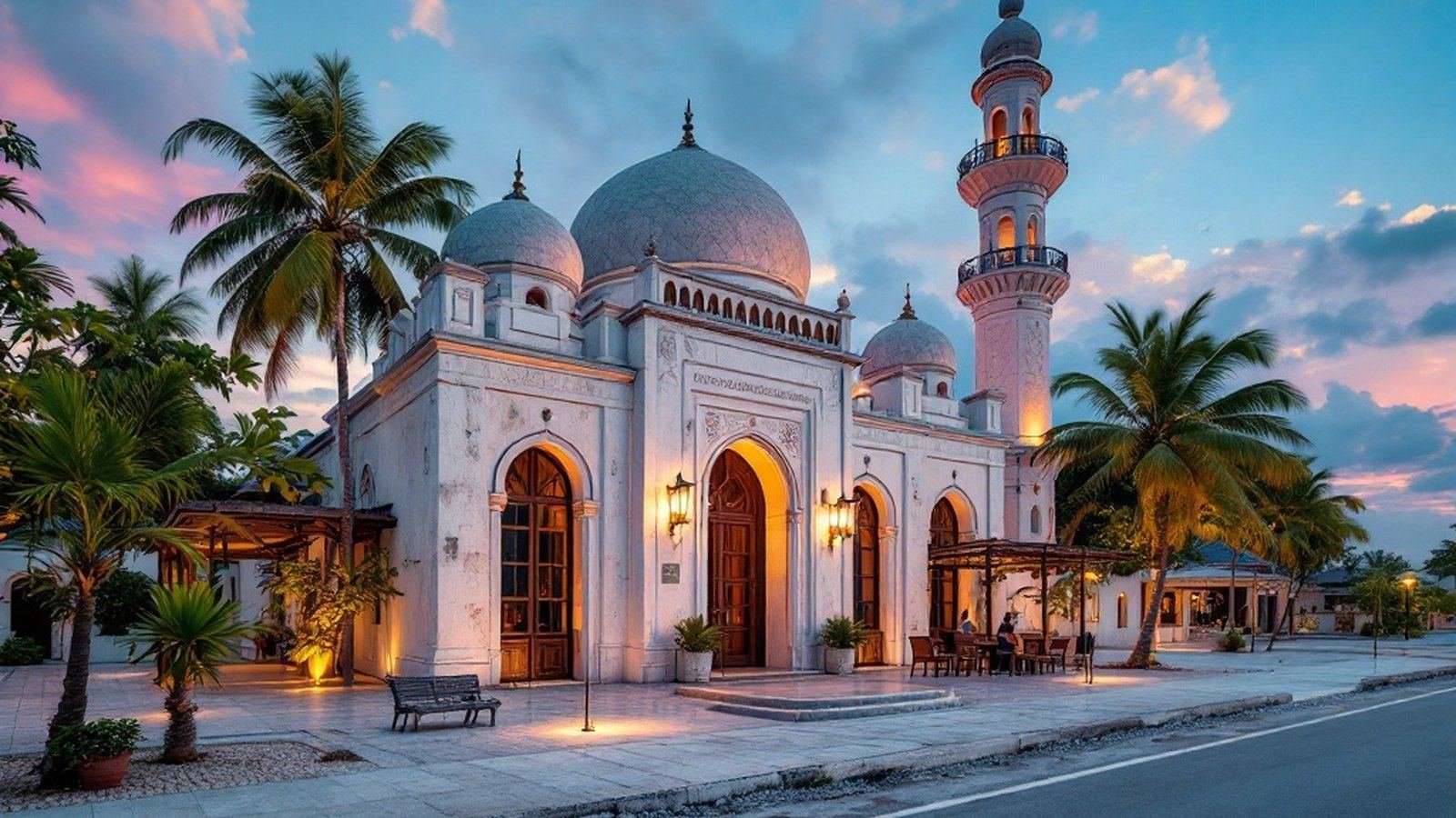 Weathered coral-stone mosque exterior at dusk