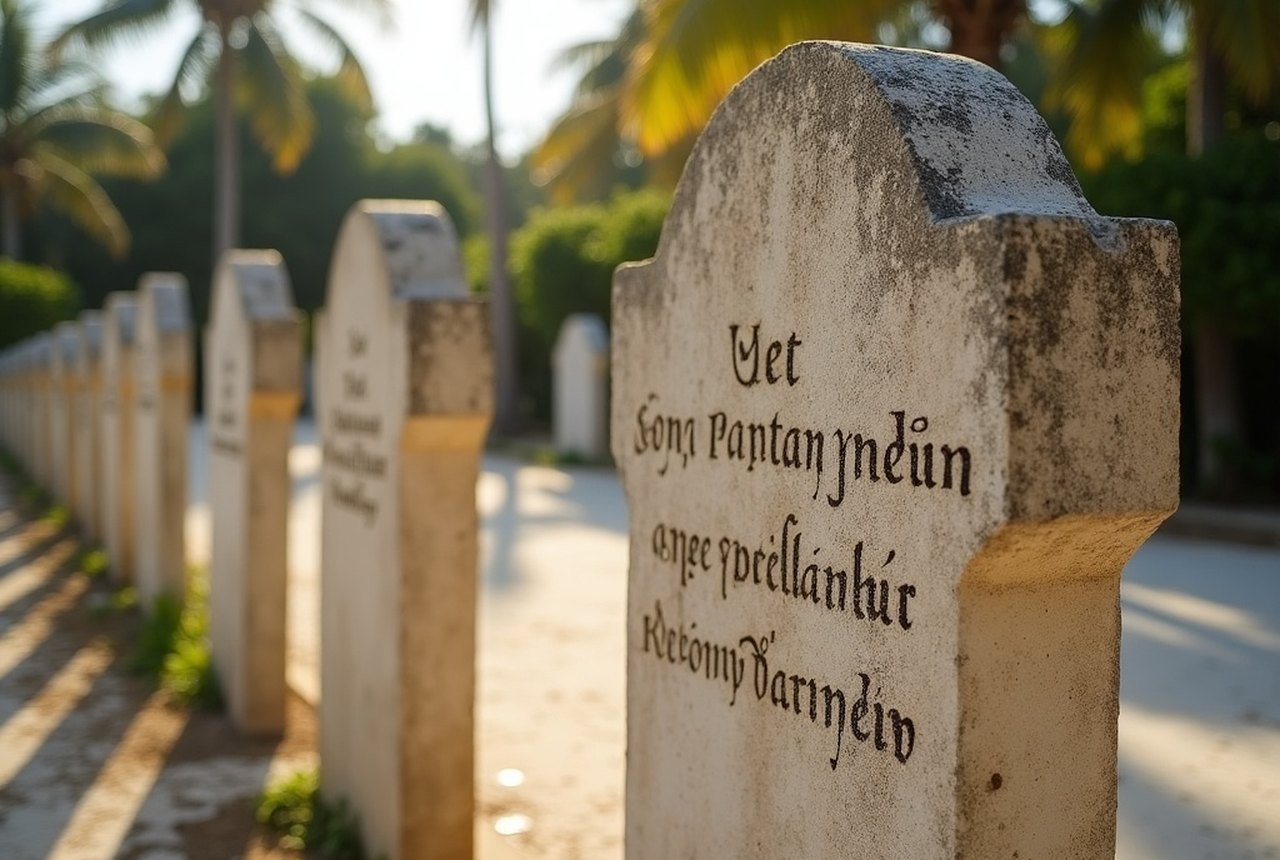 Thaana-inscribed tombstones in the Hukuru Miskiy graveyard, afternoon light raking across weathered coral stone