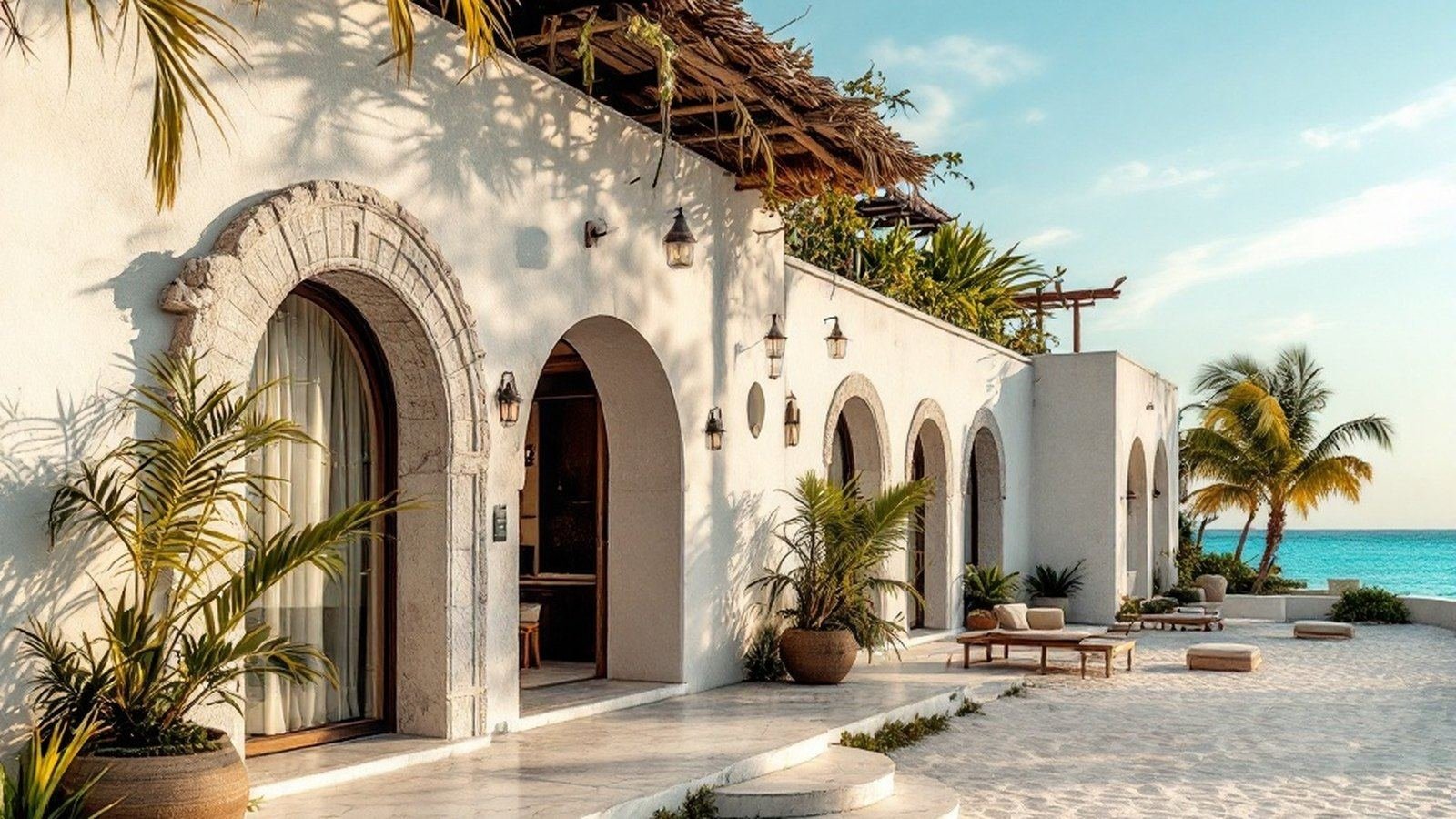 Wide shot of Hukuru Miskiy's coral-stone exterior