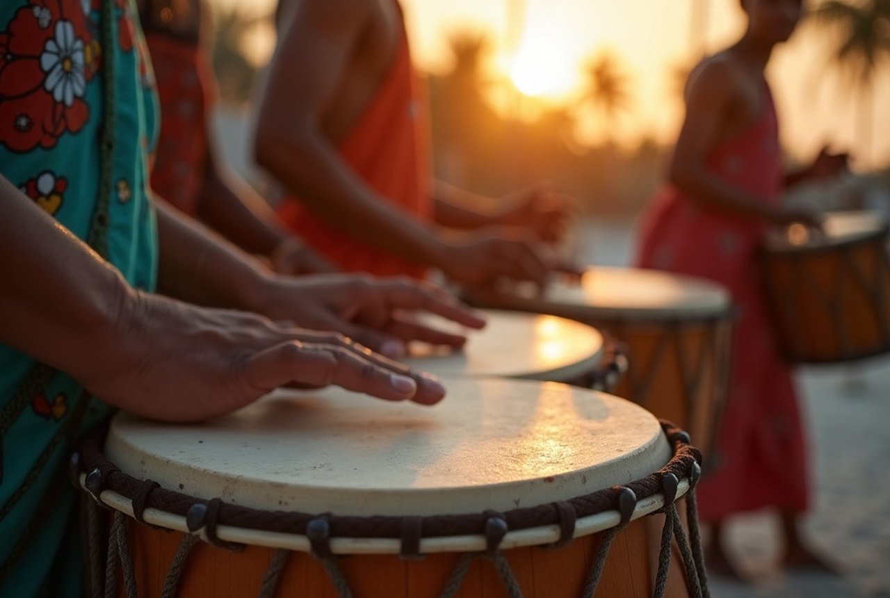 Bodu beru drummers mid-performance at dusk on a local island, hands blurred on the drum skins