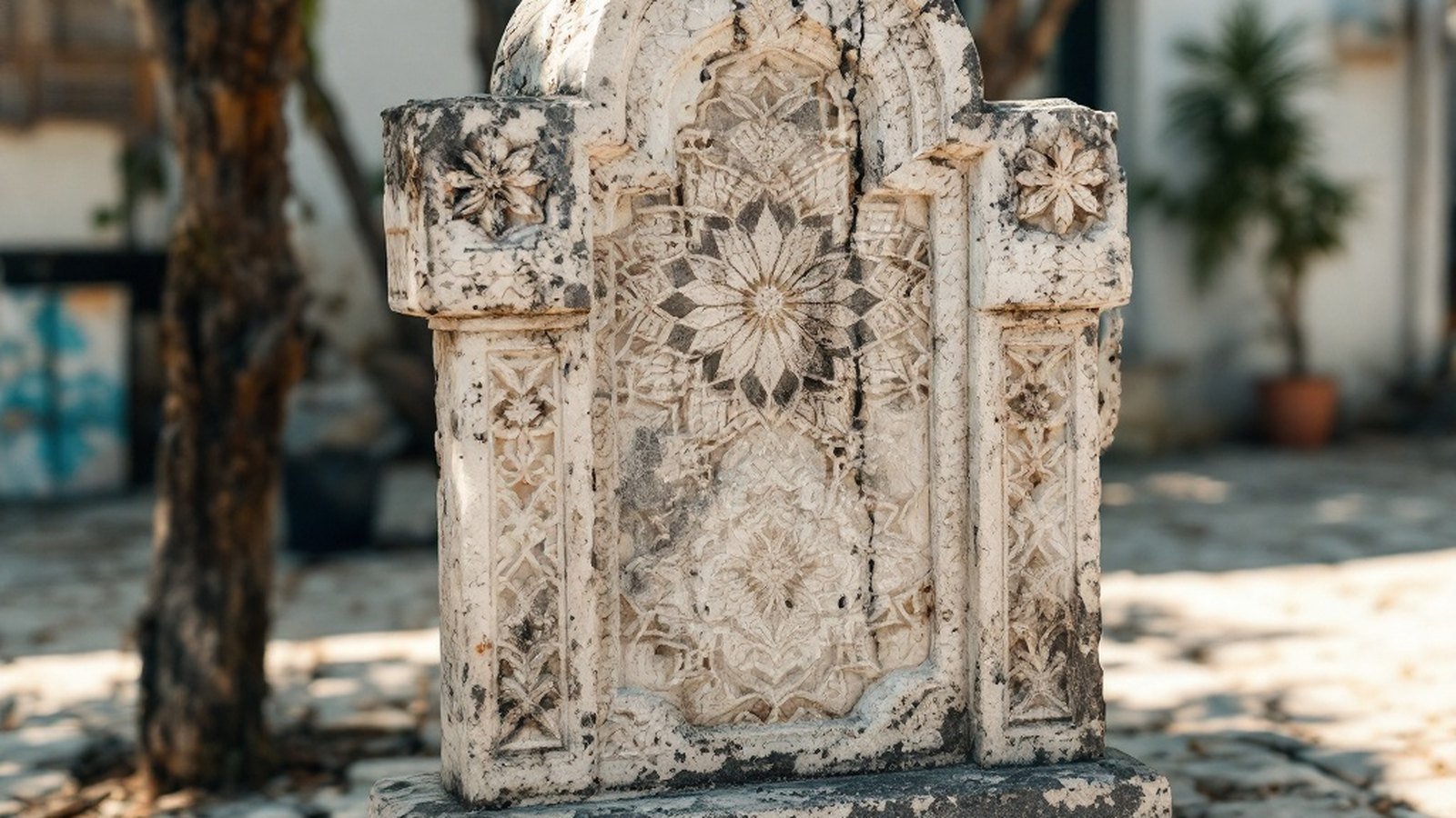 Old coral-stone tombstone with carved geometric and floral patterns